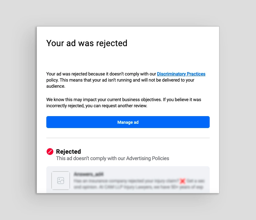 Ad rejection notice
