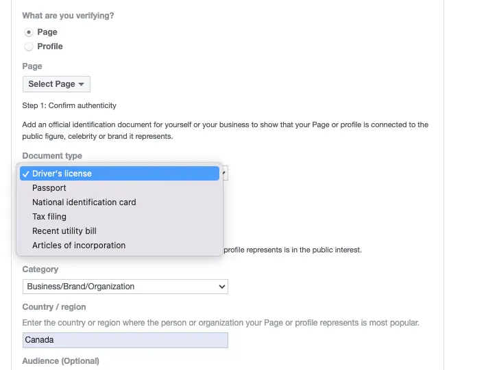 Facebook screenshot - Submitting a verification form